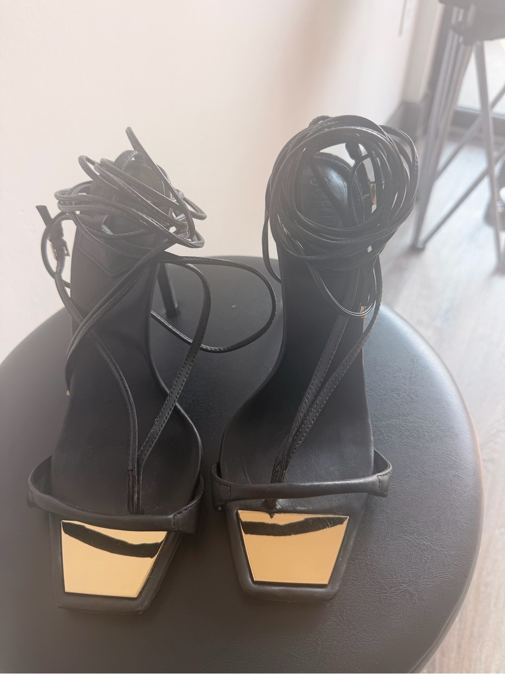 SCHUTZ Vikki Black Lace-Up Heels with Gold Toe Plate